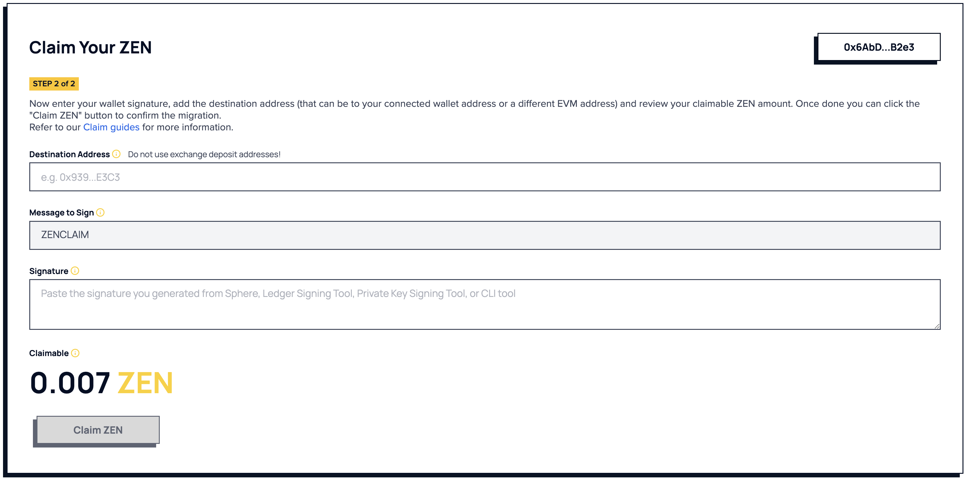 Enter signature and destination address