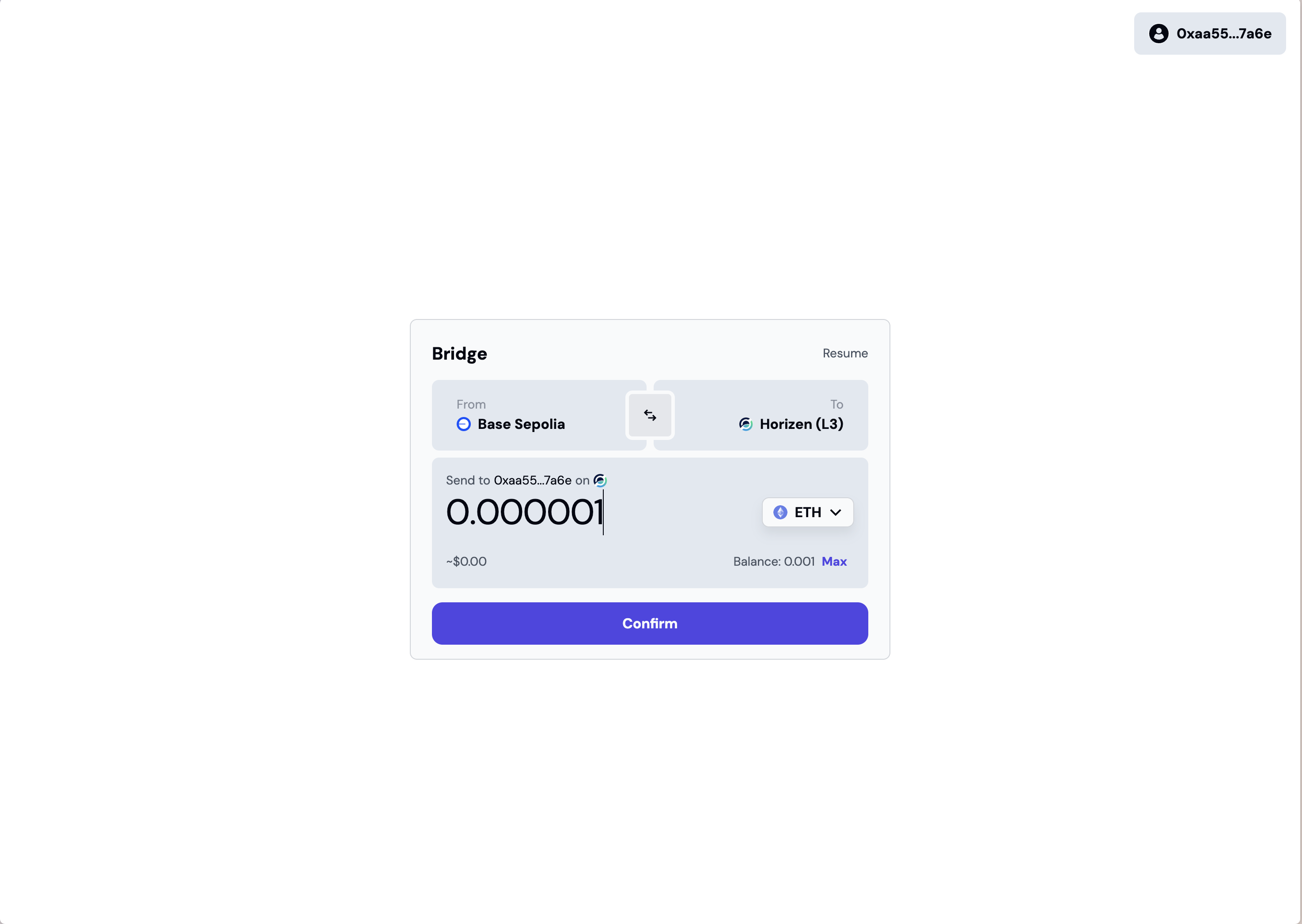 Bridge UI — enter deposit amount