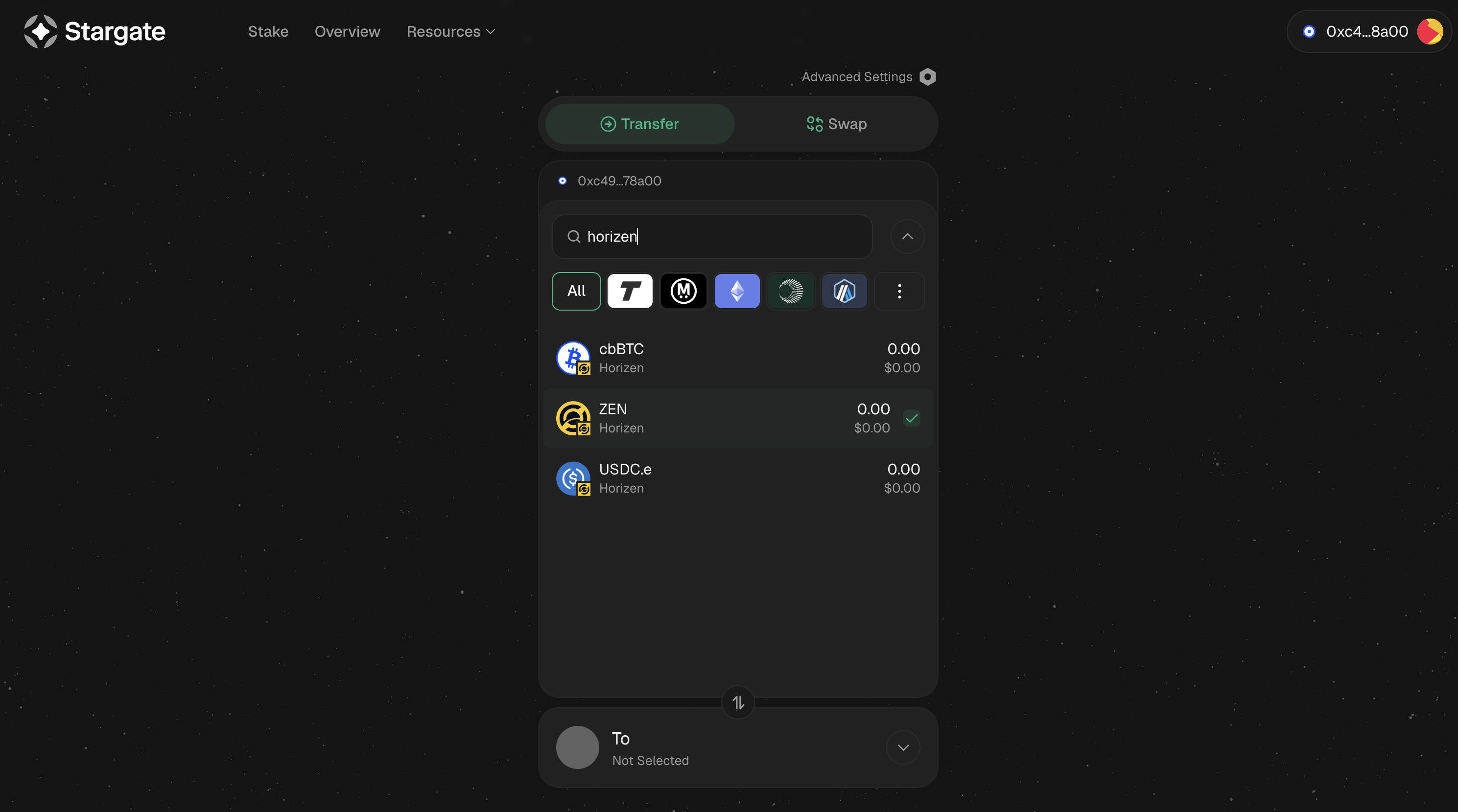 Stargate bridge UI showing supported tokens on Horizen